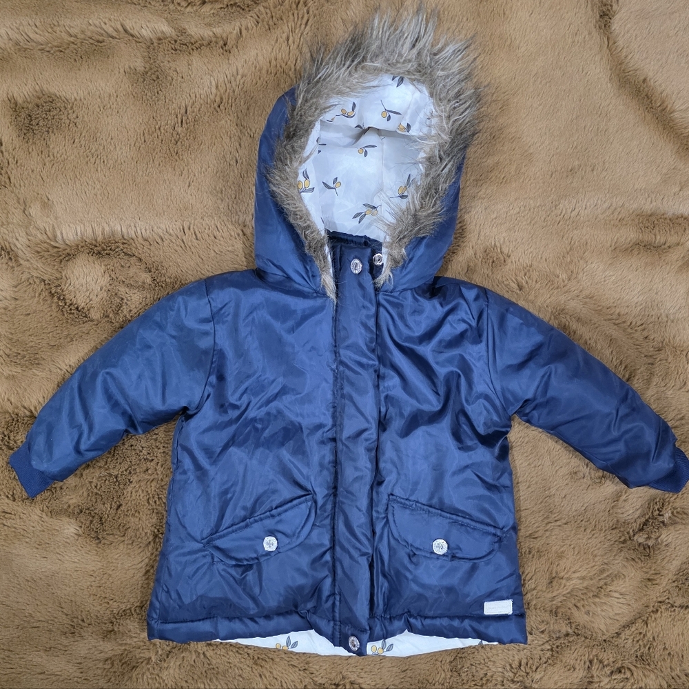 💜 7 for all mankind, Girl 24 months, Blue Hooded Jacket with Faux Fur Trim